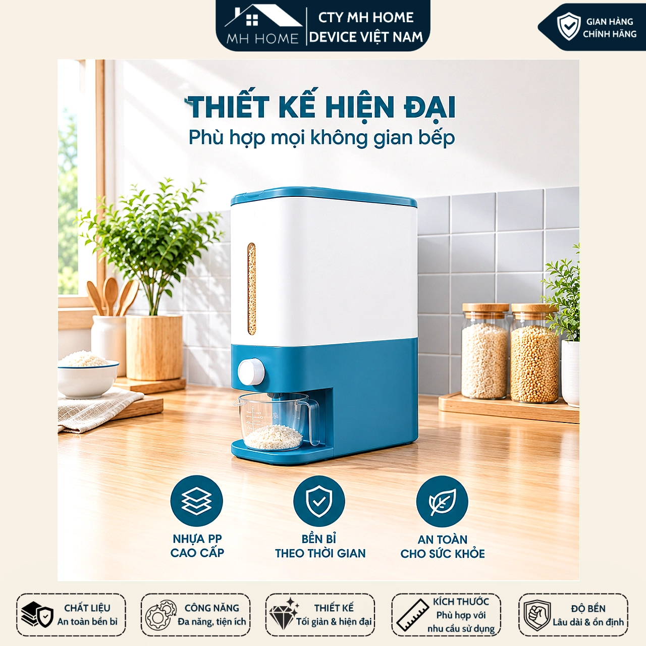 Thùng Gạo Thông Minh MH Home Nhựa PP, Thiết Kế Nhấn Nút Lấy Gạo, Kèm Cốc Đong, Gọn Gàng Tiện Lợi GD